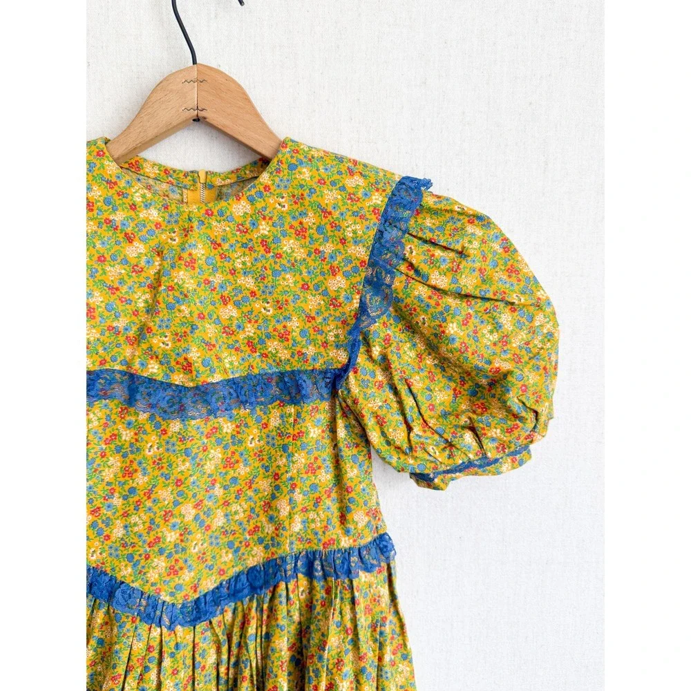 Handmade Vintage Floral Prairie Dress Cottagecore Lace Yellow Blue Kids Girls